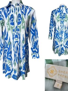 Sheridan French Tunic dress sm Blue/Green Ikat Button pullover 100% cotton